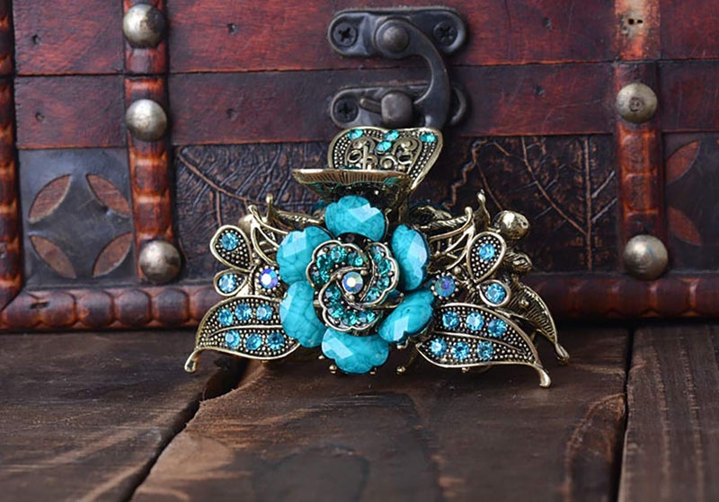 Fodattm Women Lady Retro Rose Flower Imitation Turquoise Hair Claw Clip Vintage Alloy Rhinestone Non-Slip Hair Jaw Clips Hairpin Hair Clamp (Blue) - Image 3